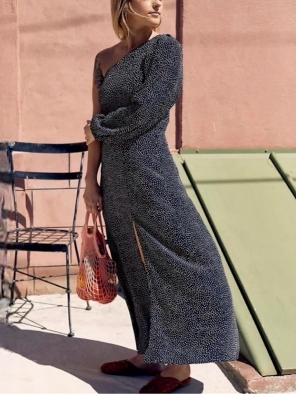 Free People One-Shoulder Black Speckle Maxi Dress